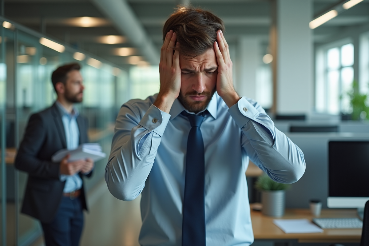 Jeune homme stressé au bureau avec collègues