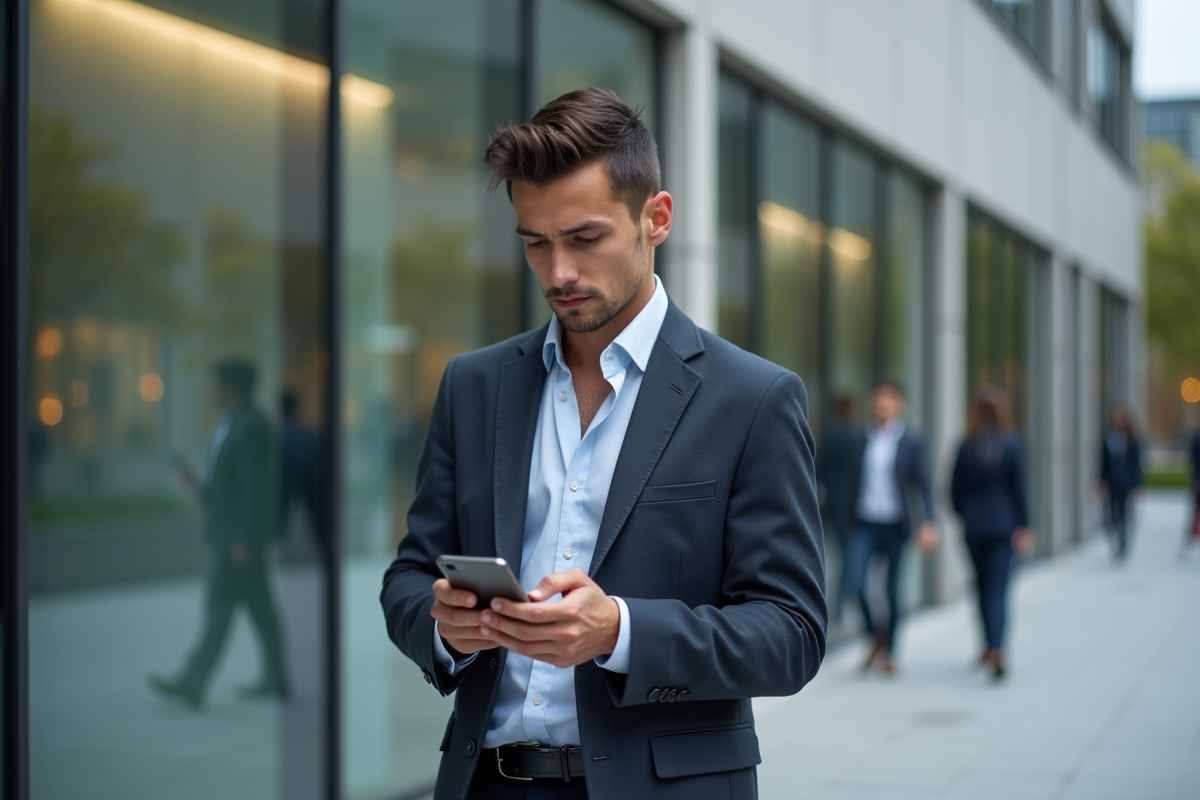 Jeune entrepreneur regardant son téléphone devant un bâtiment moderne