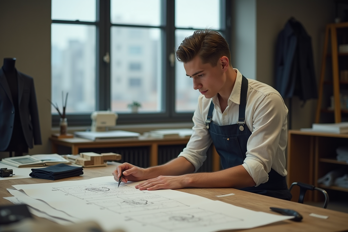 Jeune tailleur homme examinant un patron dans son atelier