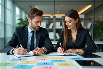 Homme et femme en réunion avec cartes marketing et table moderne