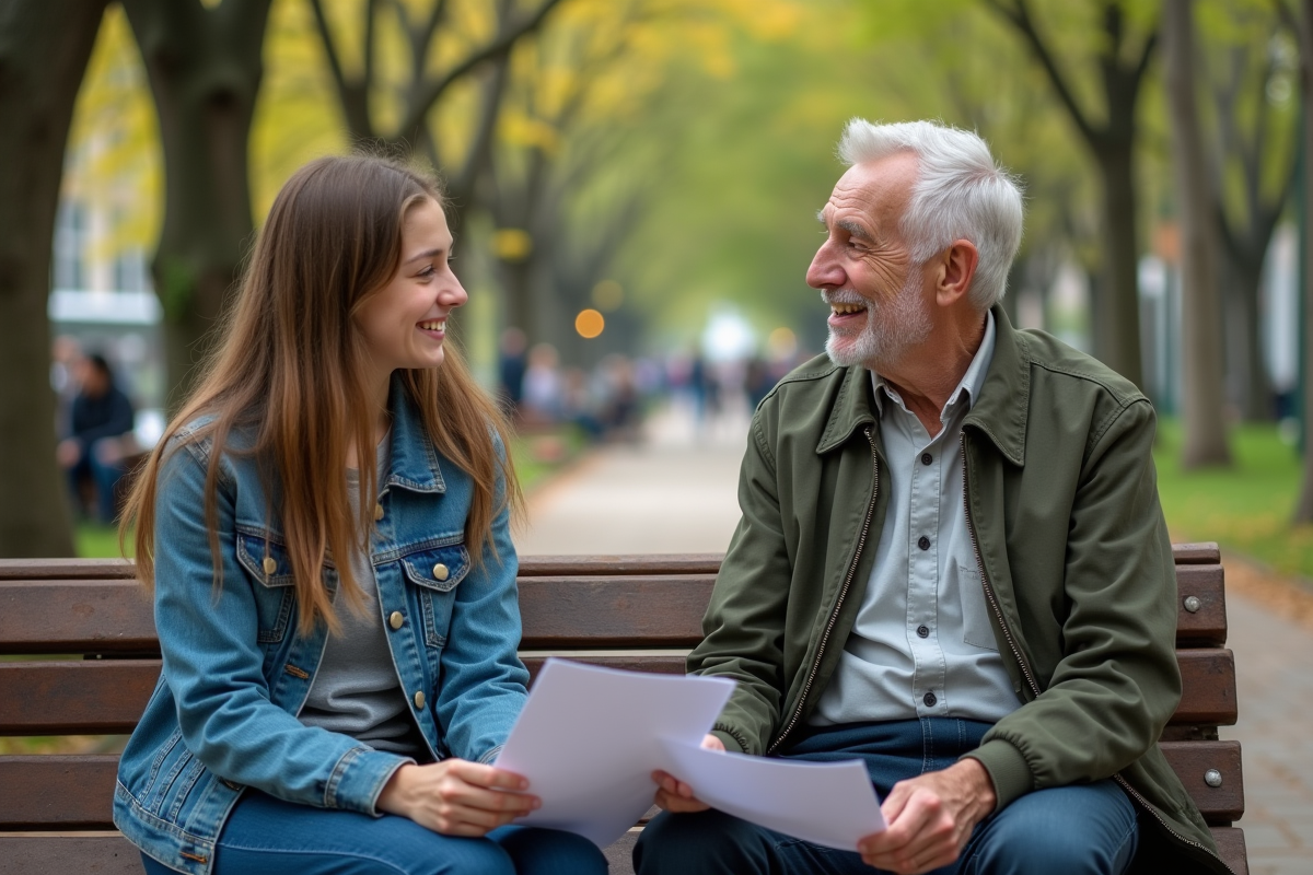 Jeune fille et homme âgé discutant sur un banc dans un parc