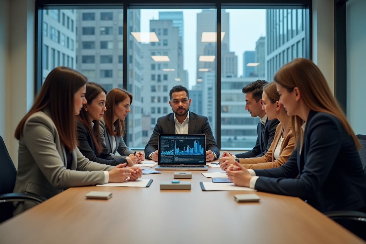 Groupe de collègues analysant des graphiques de cybersécurité